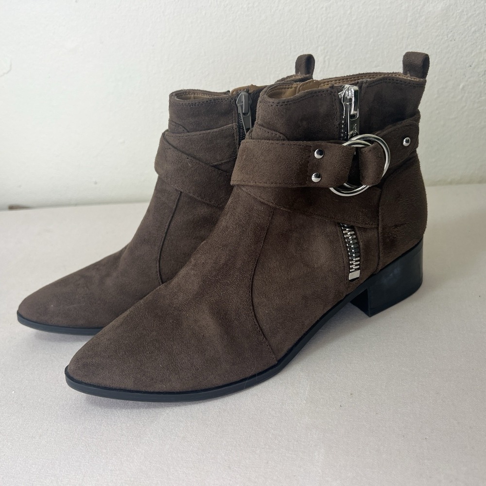 Nine West Dahila Brown Faux Suede Harness Ankle Boots WNDAHILA2 Size 8M